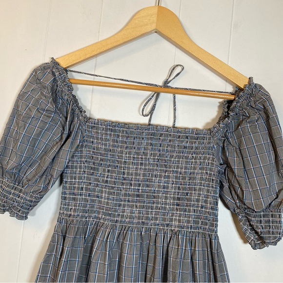 Hill House The Athena Nap Dress Plaid Grey Babydoll Smocked Blue Puff Sleeves - Picture 3 of 9